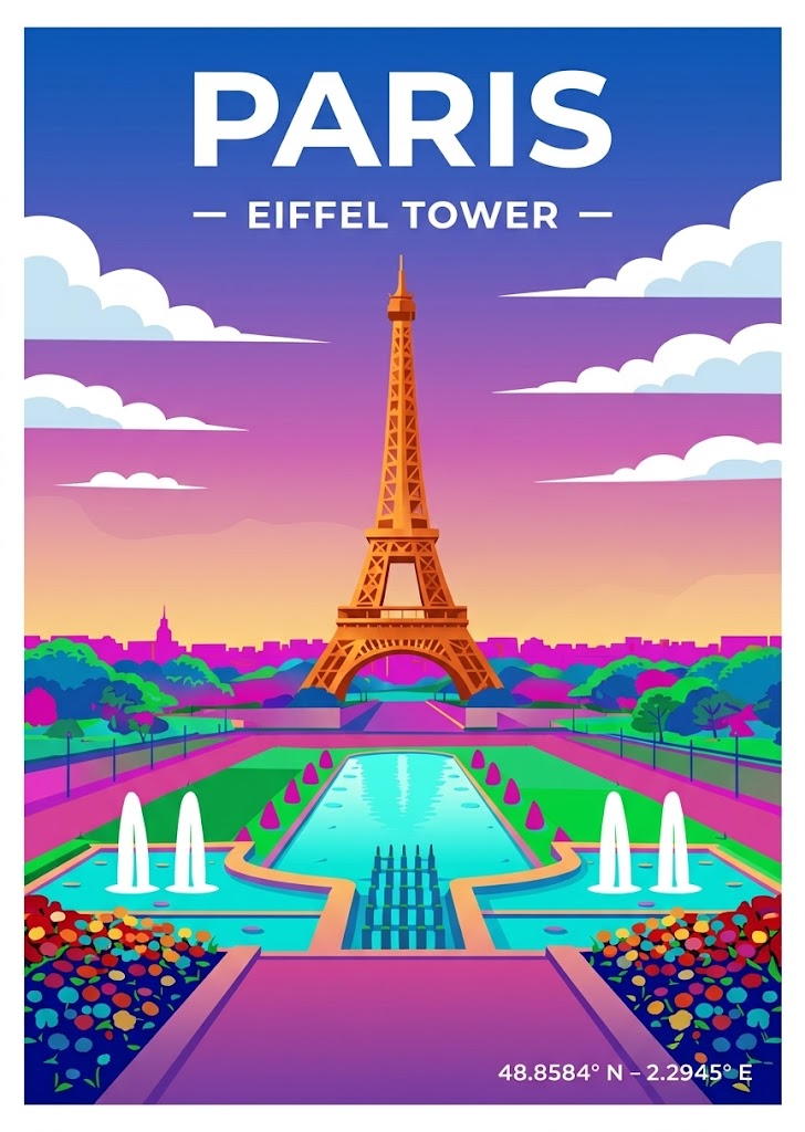 Affiche de voyage Paris, la Tour Eiffel au coucher du soleil