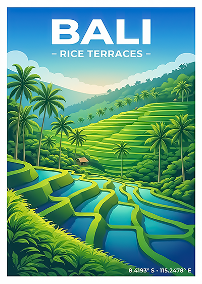 Affiche Bali — Rizières en Terrasses, Indonésie