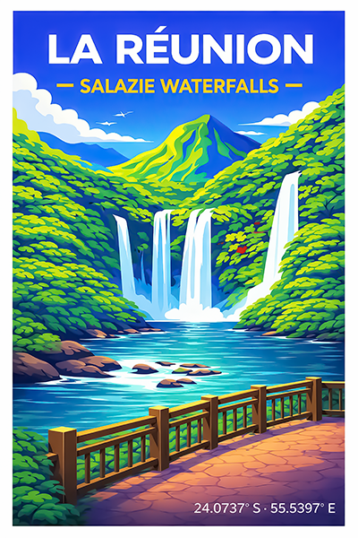 Affiche La Réunion — Cascades de Salazie, Océan Indien