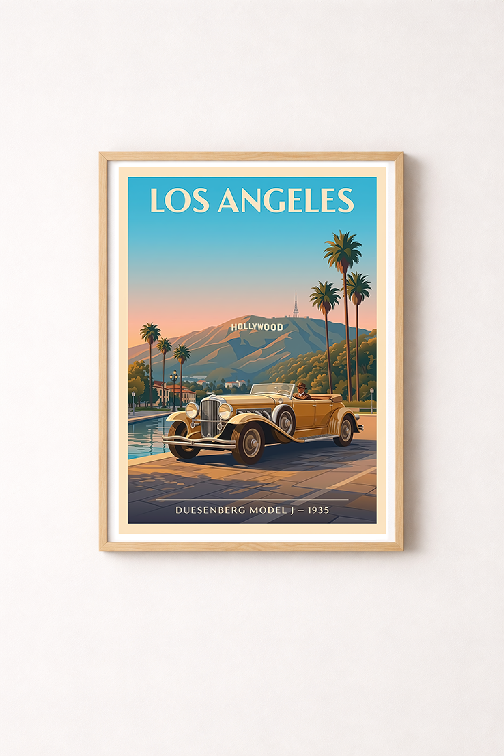 Affiche Duesenberg Model J 1935 — Los Angeles, décoration murale vintage