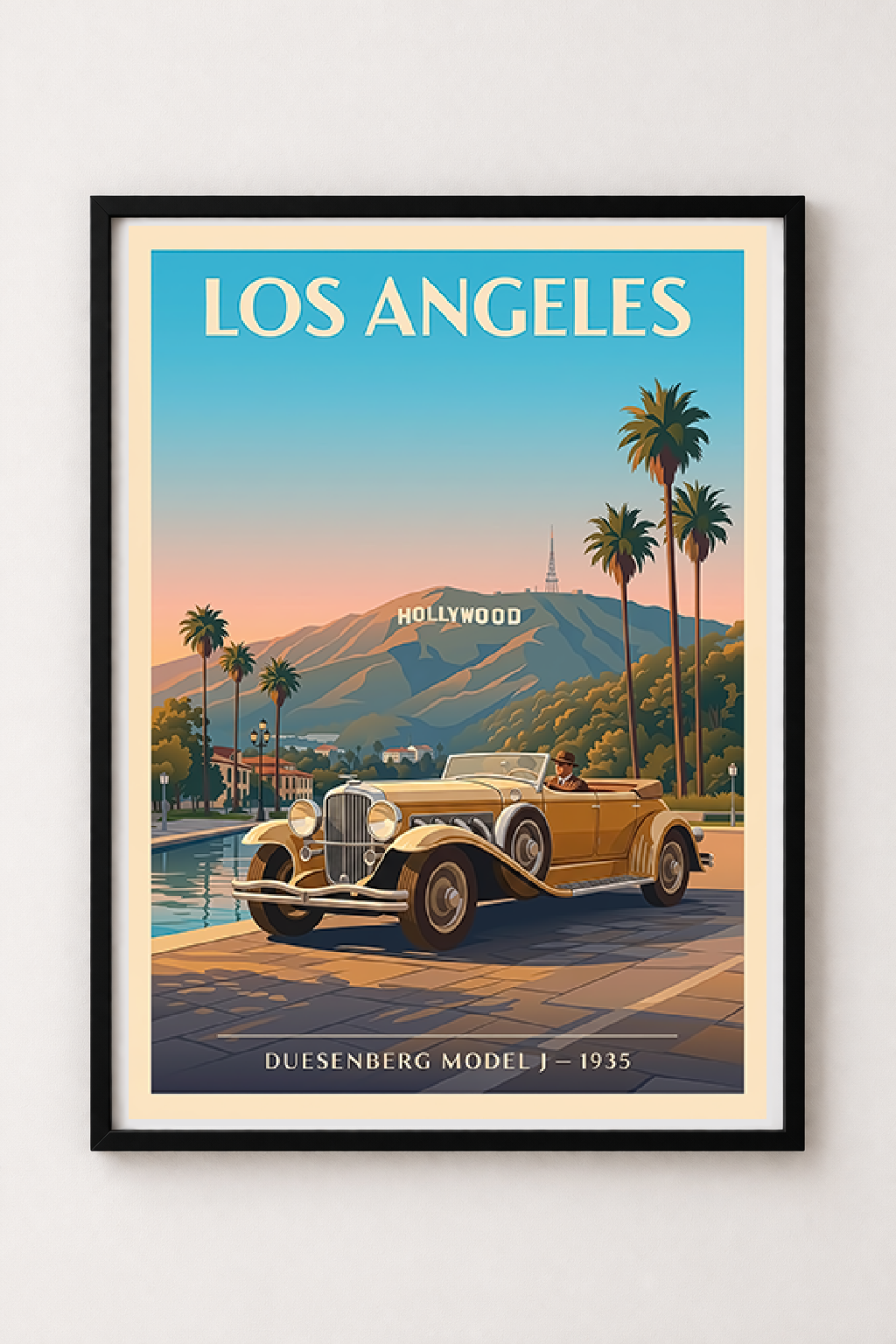 Affiche Duesenberg Model J 1935 — Los Angeles, affiche vintage encadrée