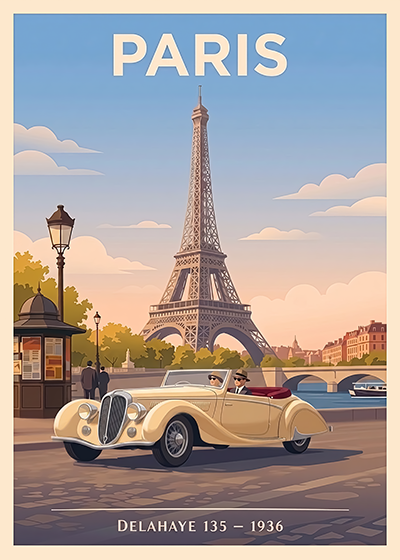 Affiche Delahaye 135 1936 — Paris, poster décoratif vintage