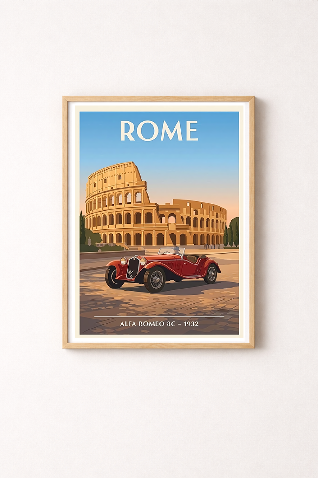 Affiche Alfa Romeo 8C 1932 — Rome, tirage mural style Art Déco