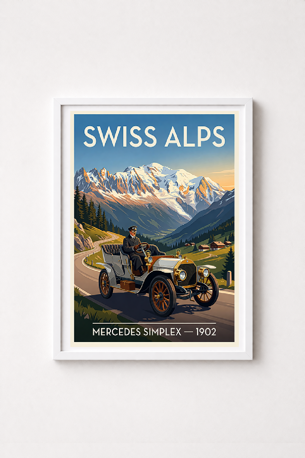 Affiche Mercedes Simplex 1902 — Alpes Suisses, poster mural style rétro