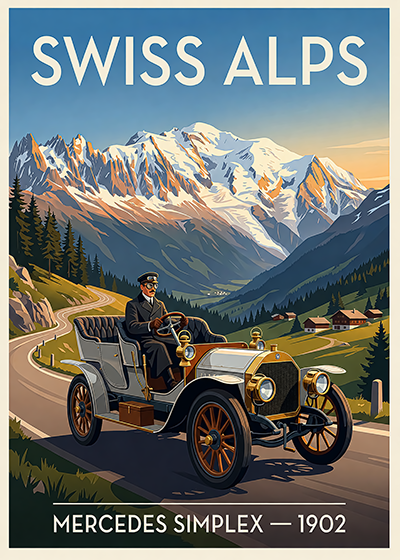 Affiche Mercedes Simplex 1902 — Alpes Suisses, poster décoratif vintage