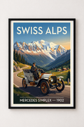Affiche Mercedes Simplex 1902 — Alpes Suisses, affiche vintage encadrée