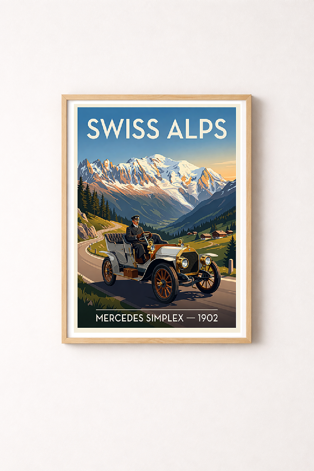 Affiche Mercedes Simplex 1902 — Alpes Suisses, décoration murale vintage