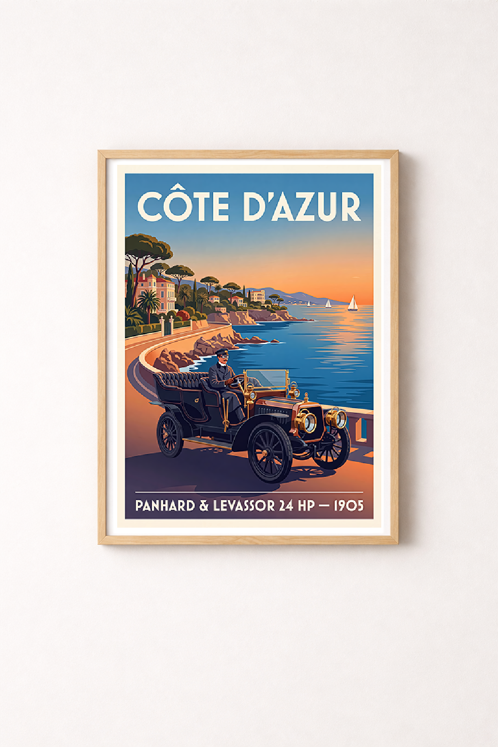 Affiche Panhard & Levassor 24 HP 1902 — Côte d'Azur, tirage mural style Art Déco