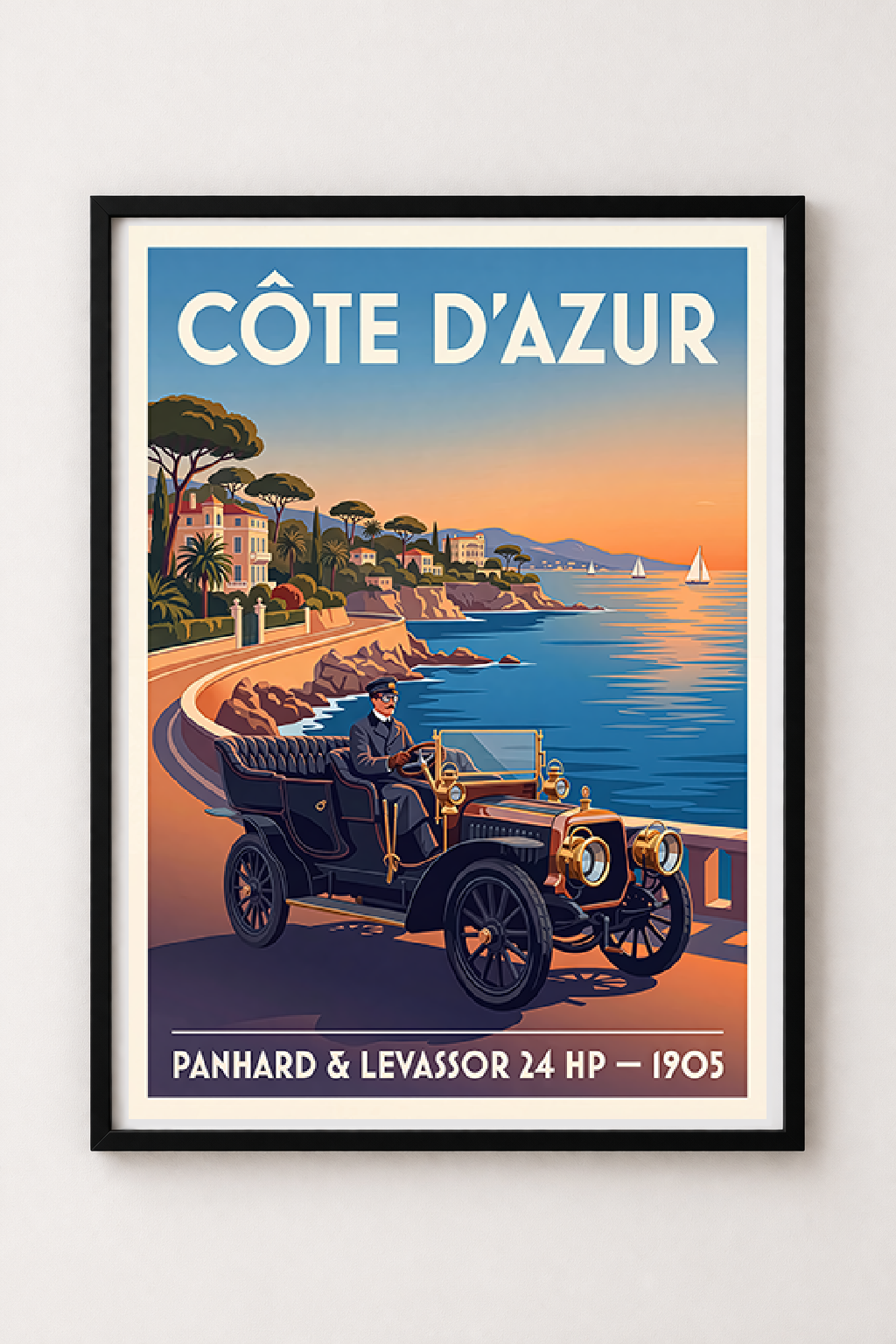 Affiche Panhard & Levassor 24 HP 1902 — Côte d'Azur, affiche vintage encadrée