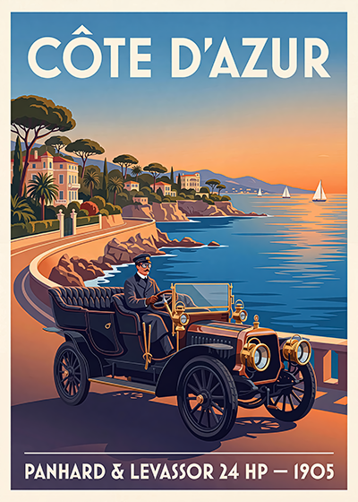 Affiche Panhard & Levassor 24 HP 1902 — Côte d'Azur, affiche imprimée sur papier 250 g/m²