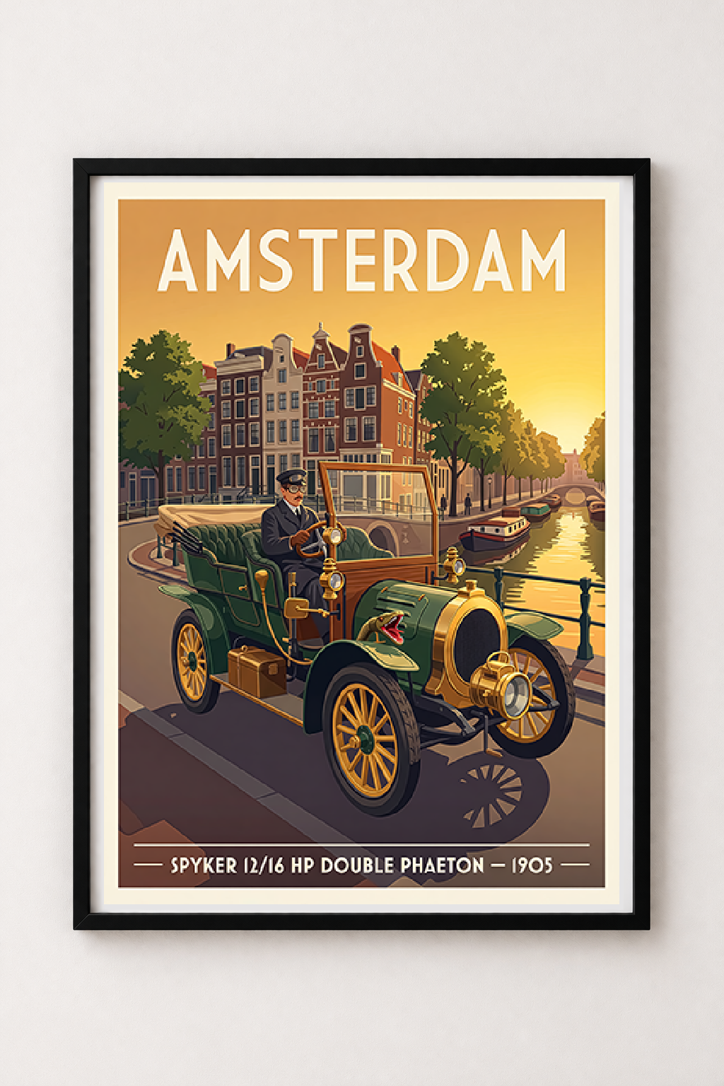 Affiche Spyker 12/18 HP 1905 — Amsterdam, affiche vintage encadrée