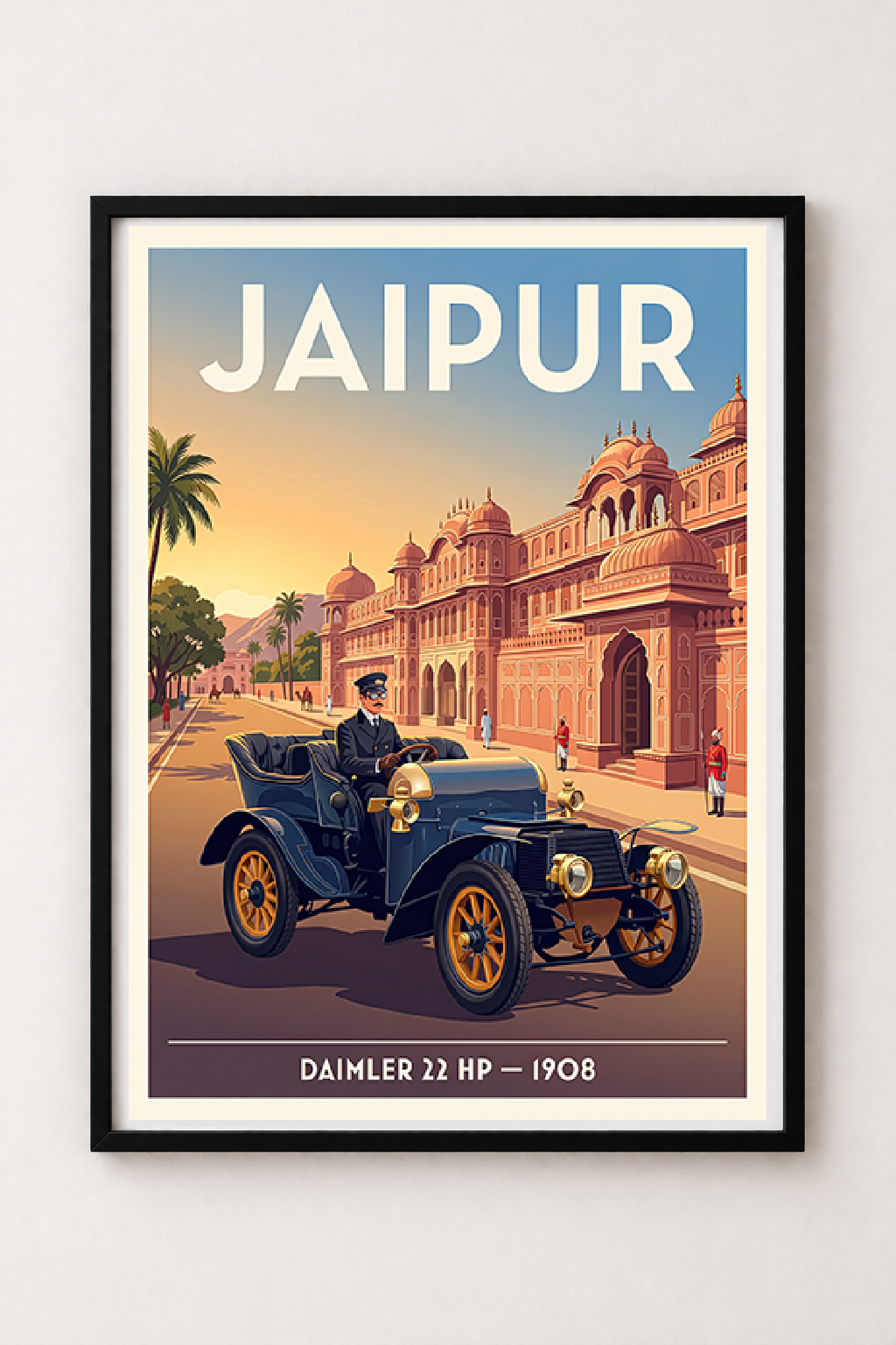 Affiche Daimler 22 HP 1908 — Jaipur, Inde, affiche vintage encadrée
